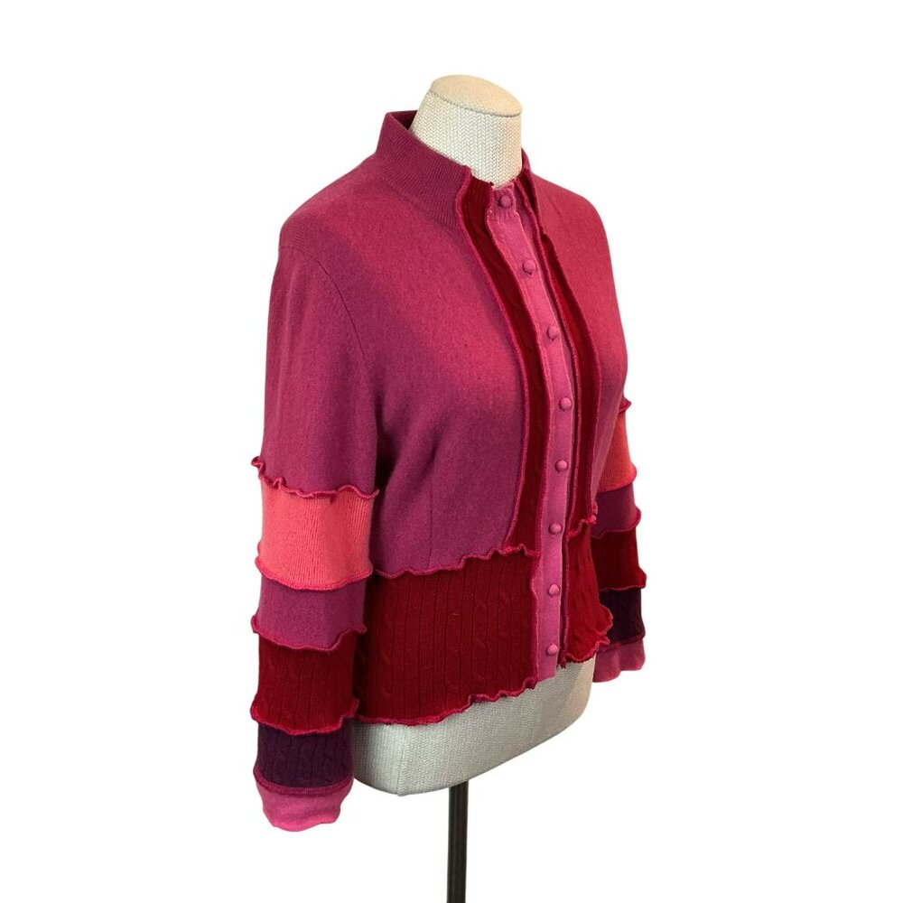 Elle Veve Recycled Wool Blend Button Up Cardigan Womens Red Orange Mauve Ruffle - Picture 7 of 9